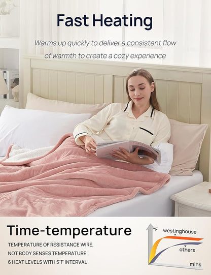 Westinghouse Electric Blanket with Foot Pocket for Adults, Ultra Soft Flannel to Sherpa Heated Throw with 6 Heating Levels & 2-10 Hours Time Settings, Fast Heating & Machine Washable, 50x62, Pink