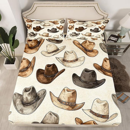 Cowboy Hats Bedding Set Full Size,Rustic Farmhouse Tribal Cowboy Fitted Sheet,Vintage Western Style Brown Beige Green Sheet Set for Kids Teens Bedroom(No Flat Sheet)