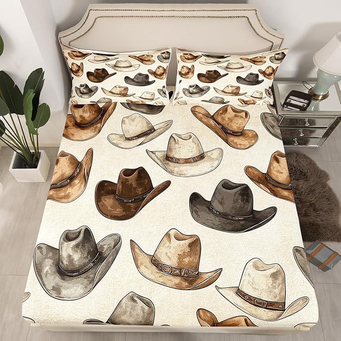 Cowboy Hats Fitted Sheet,Rustic Farmhouse Tribal Cowboy Sheet Set (No Flat Sheet) for Teens,Vintage Western Style Brown Beige Green Bedding Set with 2 Pillowcases,Queen Size