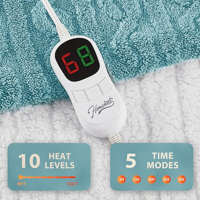 Homemate Electric Heated Blanket Full - 72"x84" Heating Bed Blankets Throw with 10 Heating Levels 8 Hours Auto Off Fast Heating Over-Heated Protection Ultra Soft Warm Flannel ETL Certified