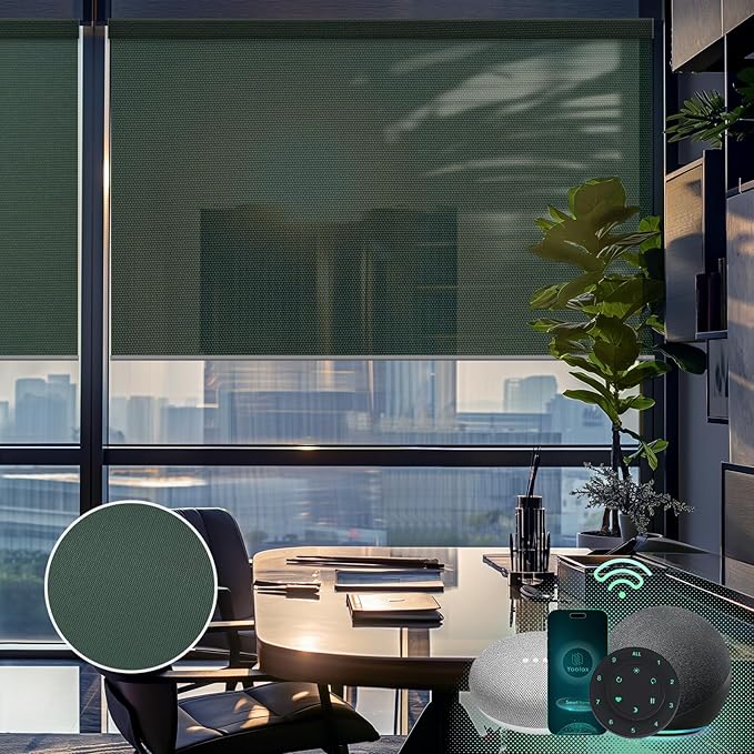 Yoolax Motorized Solar Shades Light Filtering Motorized Blinds with Remote Smart Blinds Work with Alexa Flame Retardant Roller Shades for Windows Home Office Custom Size (3% Openness Jade Green)