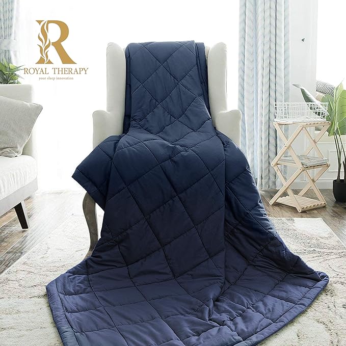 Royal Therapy Weighted Blanket - Heavy 100% Cotton Blankets with Premium Glass Beads (60''x80'' 25lbs, Prussian Blue), Suitable for One Person (~250lb) - Use on Queen/King Bed