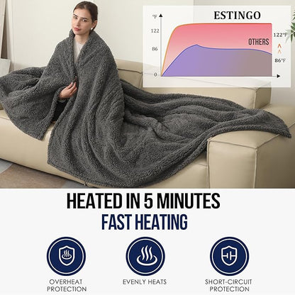 Heated Throw Blanket, Electric Blanket Throw with 5 Heating Levels & 4 Hours Auto Off, Double Sided Super Soft Sherpa Fast Heating Blanket with ETL Certified for Bedding, 50"x60", Dark Gray
