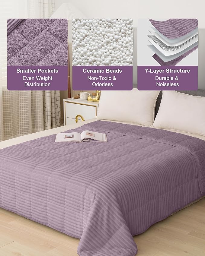Sherpa Fleece Weighted Blanket with Ribbed Stripes for Adults, 15 lbs Dual Sided Cozy Warm Blanket for Couch Full Size Bed, Ceramic Beads Heavy Thick Blankets Great for Sleep, Light Purple, 60" x 80"