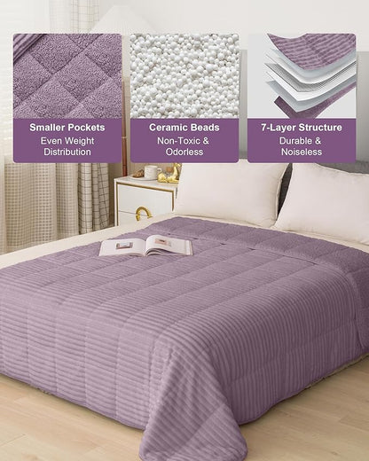 Sherpa Fleece Weighted Blanket with Ribbed Stripes for Adults, 15 lbs Dual Sided Cozy Warm Blanket for Couch Full Size Bed, Ceramic Beads Heavy Thick Blankets Great for Sleep, Light Purple, 60" x 80"