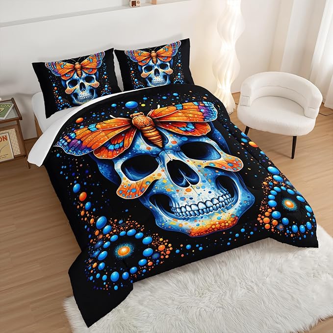 Gothic Skull Comforter Set - Twin Size, Blue Orange Granular Ball Butterfly Printed Bedding, Halloween Horror Themed Kids Bedding with 2 Pillowcases