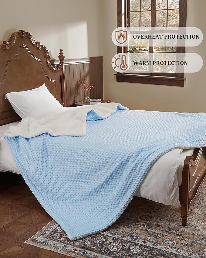 CAROMIO Heated Blanket Queen Size with LCD Dual Controller, Waffle Weave Fast Heating Electric Blankets, 10 Heat Levels & 1-12H Time Settings, ETL Certified, Machine Washable, Light Blue, 84" x 90"