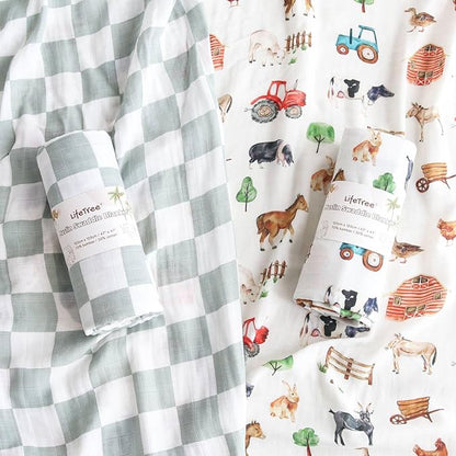 LifeTree Muslin Swaddle Blankets, Farm Animals Baby Swaddling Wrap Nursery Receiving Blanket for Boys & Girls, Soft 70% Viscose from Bamboo and 30% Cotton, Large 47 x 47 inches