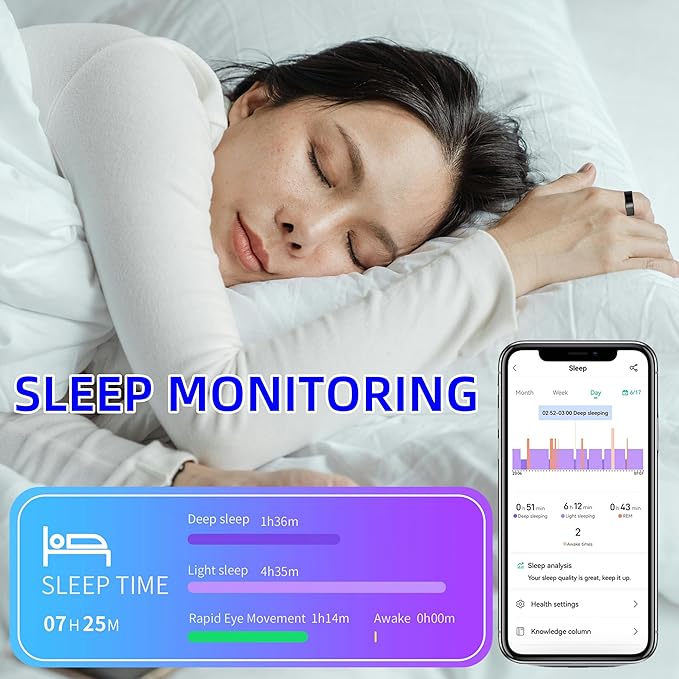 Smart Ring for Women Men, Health Fitness Tracker Ring, IP68 Waterproof Rings, Sleep Ring with Charging Case and Ring Protector, Remote Photography, Family Care, No App Fees(Black, 7#)