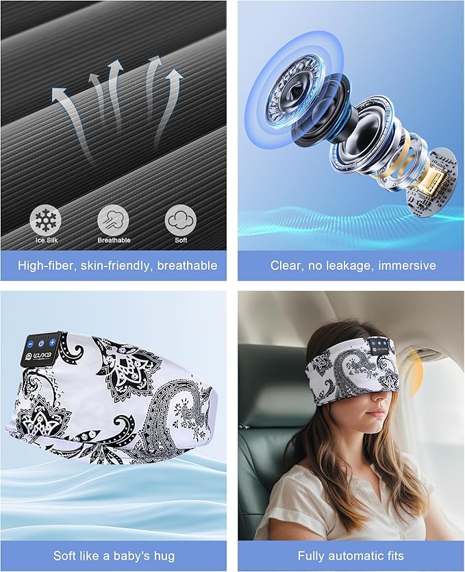 LOVE EYE Sleep Headphones Wireless Headband Headphones Bluetooth 5.4 for Side Sleeper Bluetooth Headband Earphones for Sports for tech Gadgets Gifts (Flower White)