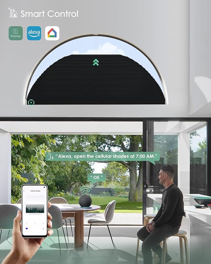 Yoolax Smart Cellular Shades, Motorized Arch Window Honeycomb Blinds Motorized Blinds with Remote Compatible with Alexa, Customized Arched Cellular Shades (Blackout Noir)