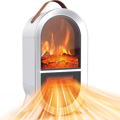 Portable Electric Fireplace Heater, 1500W/750W Mini Space Heater for Indoor Use with 3D Flame, Thermostat, Carry Handle, Overheat & Tipover Protection, for Home Office Bedroom Desk, White