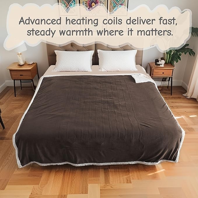 Electric Heated Blanket Queen Size 84"x90", Soft Flannel with Dual Controllers & Overheat Protection, 9 Adjustable Heat Settings & 10-Hour Auto-Off Timer, Fast Heating for Winter Comfort, Dark Brown