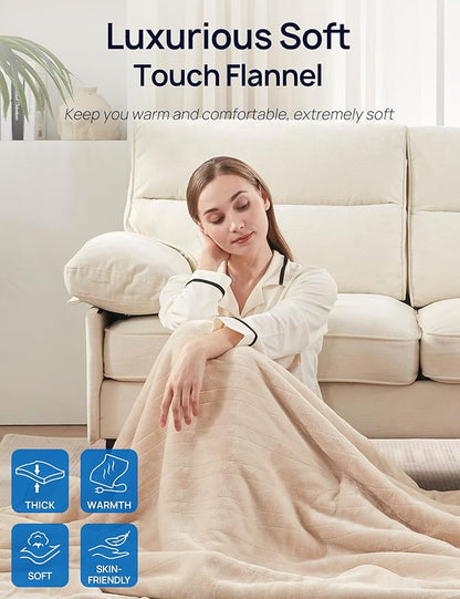 Westinghouse Electric Throw Blanket with Foot Pocket for Adults, Soft Flannel to Sherpa Heated Throw with 6 Heating Levels & 2-10 Hours Time Settings, Fast Heating & Machine Washable, 50x62, Beige