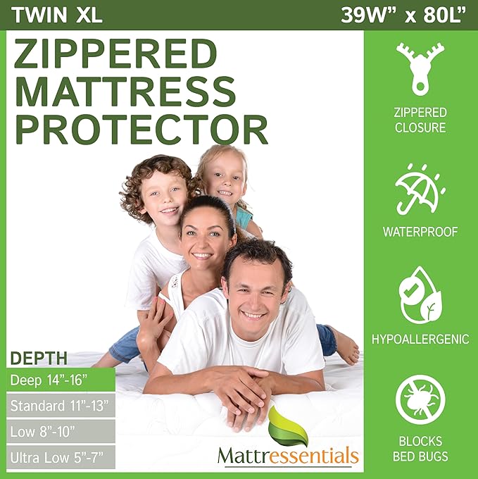 Zippered Twin XL Mattress Protector (14"-16" Depth) - Bed Bug Waterproof Mattress Cover, Premium Quality Hypoallergenic Encasement White