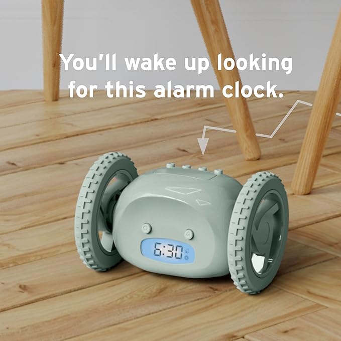 CLOCKY Alarm Clock on Wheels – Loud Rolling Alarm Clock for Heavy Sleepers | Runaway Clock That Jumps & Runs to Wake You Up | Funny Unique Gift for Adults, Teens & Kids Bedrooms (Sage)