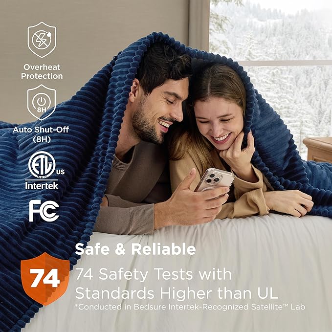 Bedsure GentleSoft Electric Blanket King Size - Soft Ribbed Flannel Heated Blanket with Dual Control, Heating with 10 Heat Settings & 10 Time Settings, 8 hrs Timer Auto Shut Off (90x100 inches, Navy)