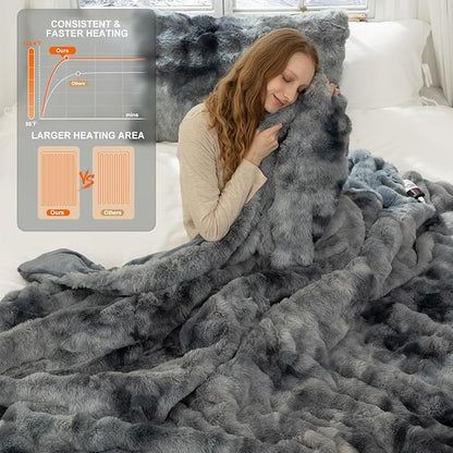 Faux Fur Heated Blanket Queen Size 84"X90" - Bubble Faux Fur Electric Blanket Fluffy Soft Fuzzy with 6 Fast Heating Levels & 10 hrs Timer Settings, Washable & ETL Certified for Bed, Tie-Dye Blue