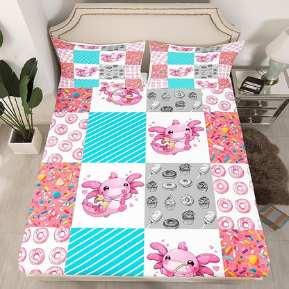 Axolotl Fitted Sheet Twin,Kawaii Donut Animals Splicing Geometric Bed Sheet 2 Pieces Fits Mattress(No Flat Sheet),Pink Blue Sweet Candy Decorative Fabric Bedding All-Round Elastic Pocket