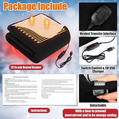 Tuanse 2 Pcs USB Heated Blanket 25"x35" Small Portable 5v 3 Setting Electric Blanket with Timer and Temperature Controller Winter Wearable Recharge Throw for Travel Home(Black)