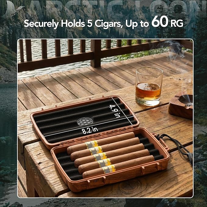 Arctic Loon Travel Cigar Humidor Kit – Holds 5 Cigars (60 RG), Crushproof & Waterproof Portable Cigar Case with Lighter (Without Gas), Cigar Cutter, V-Cutter, Magnetic Cigar Stand, Humidifier (CORE-5)