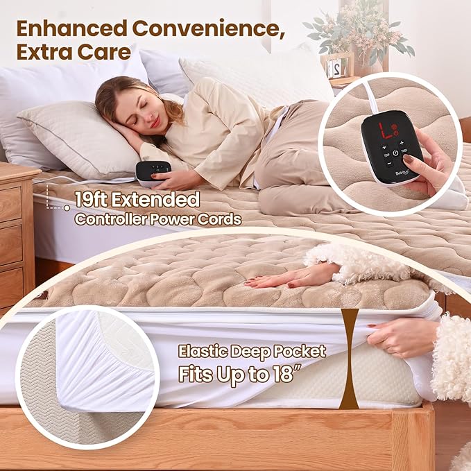 Bearhug Queen Electric Mattress Pad, Dual Control Bed Warmer with 10 Heat Level, Auto Shut Off Timer, Zipper Heated Mattress Pad with Deep Pocket Up to 18",ETL Certified, Machine Wash 60" x 80", Brown
