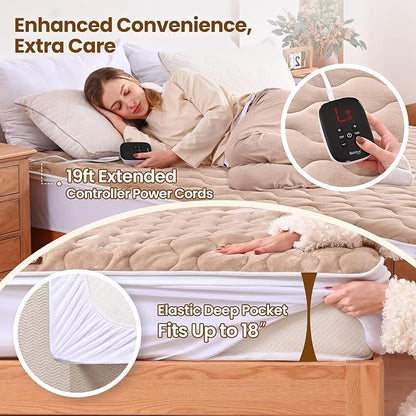 Bearhug Queen Electric Mattress Pad, Dual Control Bed Warmer with 10 Heat Level, Auto Shut Off Timer, Zipper Heated Mattress Pad with Deep Pocket Up to 18",ETL Certified, Machine Wash 60" x 80", Brown