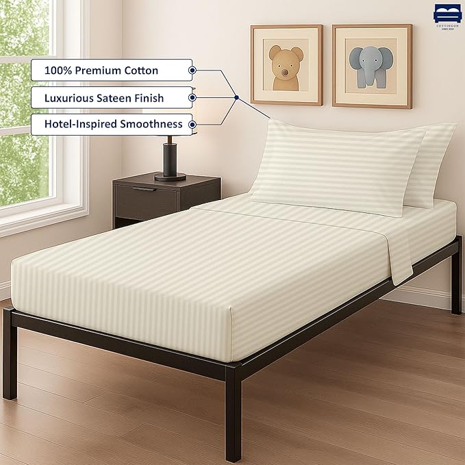 Ivory Stripe 4-Piece Cot Bed Linen Set - Fitted Sheet 33" x 75", Flat Sheet 64" x 94", 2 Pillow Cases 20" x 30" - Perfect for Folding Guest or Rollaway Beds
