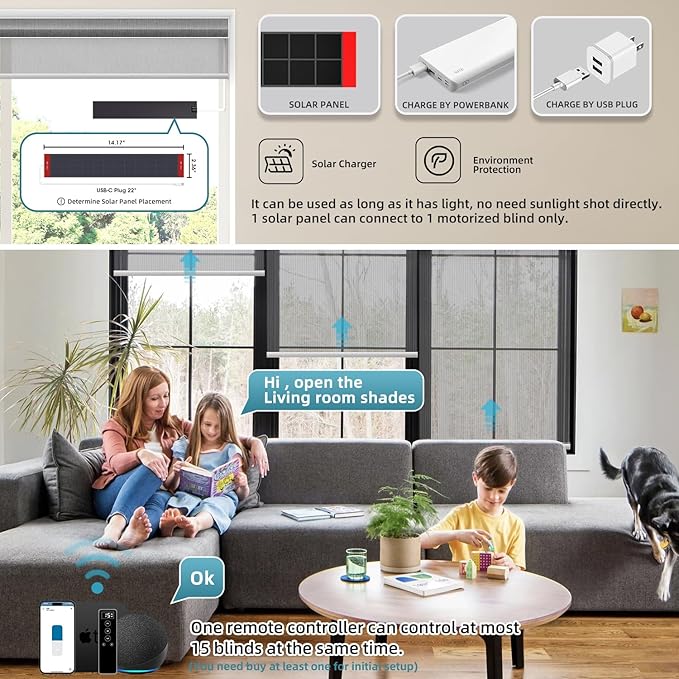 SmartWings Motorized Light Filtering Shades, 50% Blackout PVC Free Smart Blinds, Custom Size, Rechargeable Battery, Works with Matter/Apple HomeKit, Alexa, Thread/Zigbee, Remote Optional, 50% Charcoal