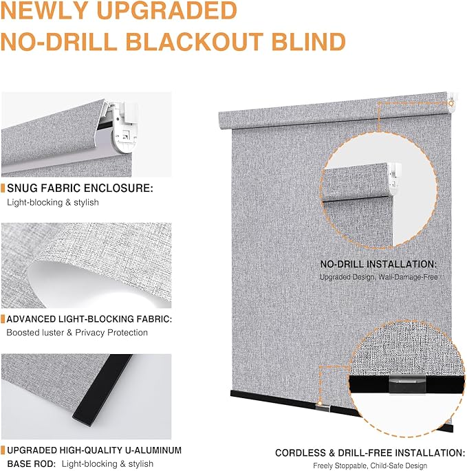 AOSKY No Drill Cordless Blackout Roller Shades with Valance,Customize Blinds for Indoor Windows,Room Darkening Window Shades Pull Down with Free-Stop Spring System, UV Protection for Home Heather Grey