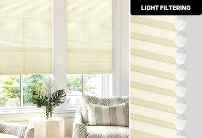 LazBlinds Cordless Cellular Shades, No Tools No Drill Light Filtering Honeycomb Shades Pleated Blinds for Windows, 21.5'' W x 48'' H, Cream
