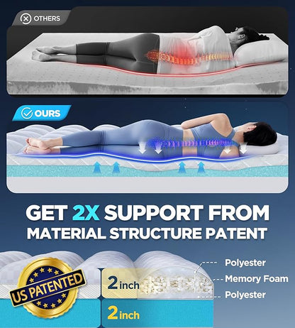 Dual Layer Memory Foam Mattress Topper for Pain Relief with 2X Support, 2" Fluffy Pillow Top California King Mattress Topper Plus 2" Odor-Free Cooling Gel Memory Foam Ultra Comfort Mattress Pad