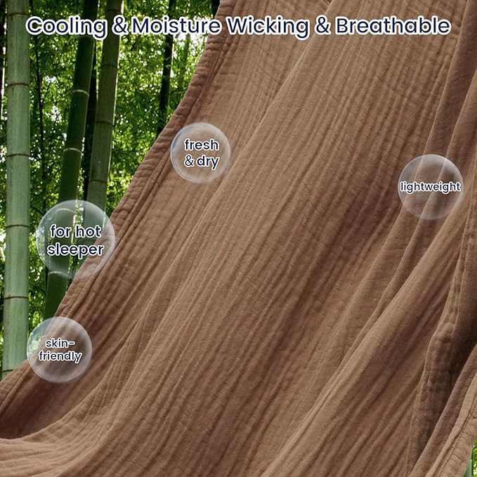 PHF Cooling Muslin Twin Blanket for Hot Sleepers, 60% Rayon Derived from Bamboo, 40% Cotton for Summer, 4-Layer Breathable Gauze Blanket for Bed Couch, 66"x90", Brown