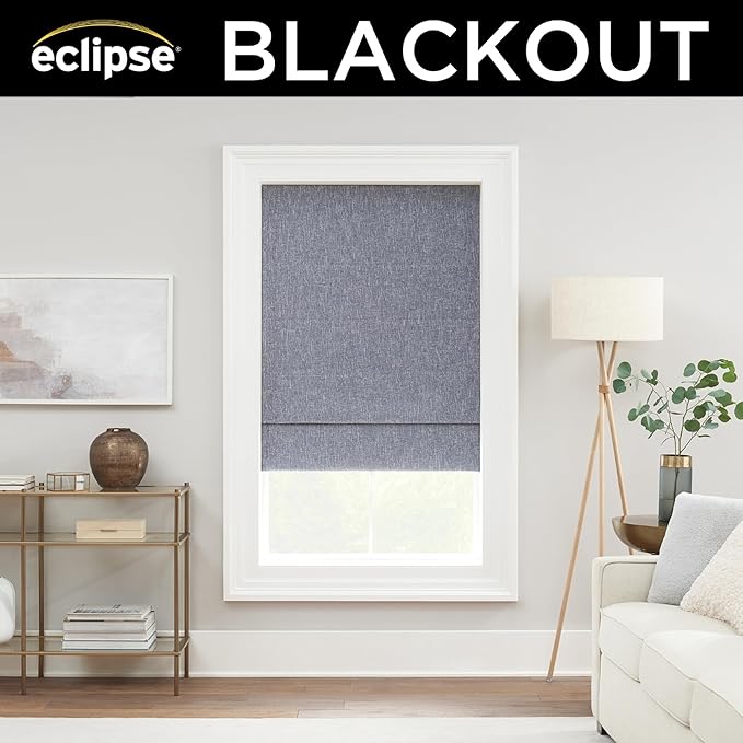 Eclipse Drew Roman Shades for Windows, Cordless 100% Blackout Shades, 23 in Wide x 64 in Long, Noise Reducing, Energy Efficient and Textured Solid Window Shades for Living Room, Bedroom, Blue