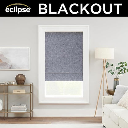 Eclipse Drew Roman Shades for Windows, Cordless 100% Blackout Shades, 23 in Wide x 64 in Long, Noise Reducing, Energy Efficient and Textured Solid Window Shades for Living Room, Bedroom, Blue