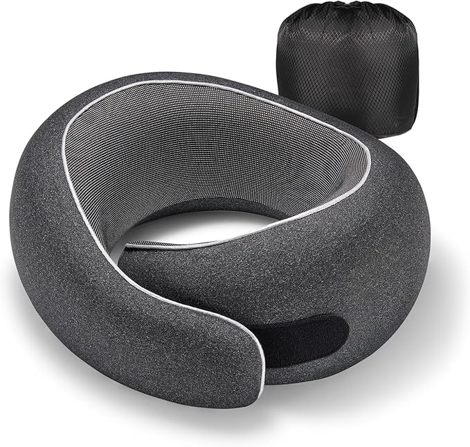 Travel Pillow, 100% Pure Memory Foam Neck Pillow for Airplanes, Comfortable Breathable Cover, Travel Essentials for Plane, Car, Train and Home, Black