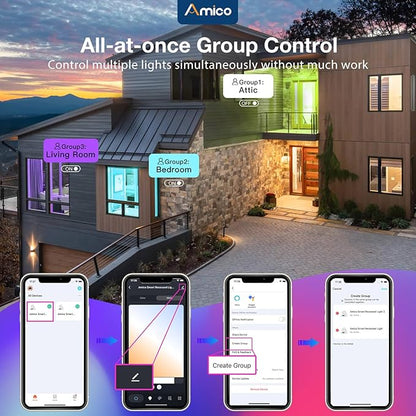 Amico 4 Pack 4 Inch Smart LED Recessed Lighting, WiFi Bluetooth Canless Downlight with Junction Box, RGB & 2700-6500K Color Changing, 10W=70W 800LM, Voice&Remote&Group Control