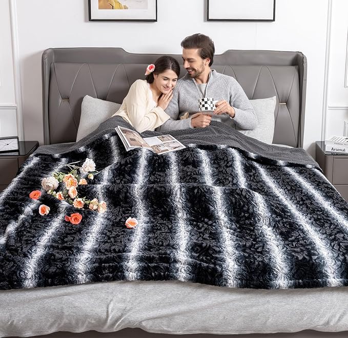 WOOMER Heated Blanket Queen Size 84" x 90", Electric Blanket with Dual Controls, 0.5-12 Hours Timer & 10 Heating Levels, ETL Certified, Black Grey Flowers Patterns Faux Fur & Sherpa, Machine Washable