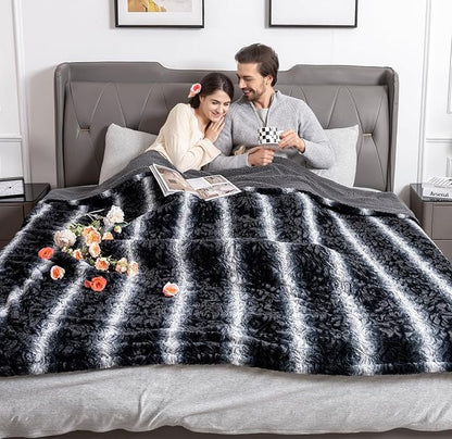 WOOMER Heated Blanket Queen Size 84" x 90", Electric Blanket with Dual Controls, 0.5-12 Hours Timer & 10 Heating Levels, ETL Certified, Black Grey Flowers Patterns Faux Fur & Sherpa, Machine Washable