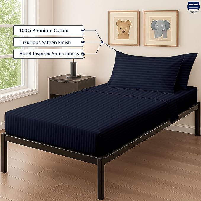 Navy Blue Stripe 4-Piece Cot Linen Set - Fitted Sheet 33" x 75", Flat Sheet 64" x 94", 2 Pillow Cases 20" x 30" - Perfect for Folding Guest or Rollaway Beds
