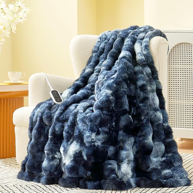 Amélie Home Heated Bubble Faux Fur Blanket Electric - 50"x60" Heating Blanket Throw 2/4/6/8 Hours Auto-Off 8 Heat Level Over-Heat Protection Electric ETL Certification Tie-dye Blue