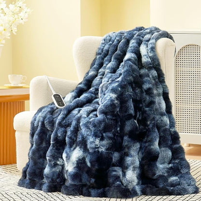 Amélie Home Heated Bubble Faux Fur Blanket Electric - 50"x60" Heating Blanket Throw 2/4/6/8 Hours Auto-Off 8 Heat Level Over-Heat Protection Electric ETL Certification Tie-dye Blue
