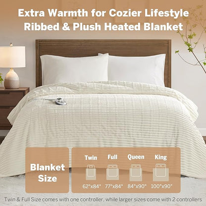 Serta Electric Blanket, Soft, Ribbed, Plush Heating Blanket Twin for Office, Couch, 1-12 hr Auto Shut Off Timer, 10 Lv Heating, ETL Certified, Twin 62"x84" Marshmallow