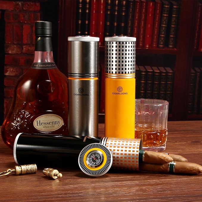 Travel Cigar Humidor Case/Box Stainless Steel Portable Cigar Tube Cigars Jar Humidifiers Air Tight Lid, Smell Proof with Cigar Hygrometer and Humidifier for 3 to 4 Cigars (Silver)