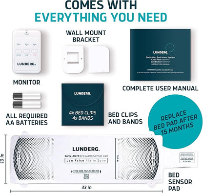Lunderg Early Alert Bed Alarm for Elderly Adults - Wireless Sensor Pad & Pager - with Pre-Alert Smart Technology - Safety Bed Alarms and Fall Prevention for Elderly and Dementia Patients (Pack of 2)