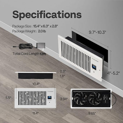 VIVOHOME 4"x10" Opening Smart Vent Register Booster Fan with Intelligent Thermostat & 10-Speed Remote Control - 11.4" x 5.5‘’ Vent Cover for Room, Floor, Wall - White