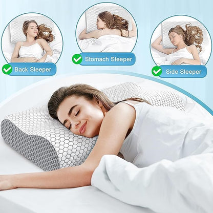 CloudBliss Memory Foam Pillow, Ergonomic Neck Contour Cervical Pillow for Back and Shoulder Pain, Orthopedic Pillow for Neck Pain Relief, for Sleeping Side, Back, Stomach Sleepers - Grey, King