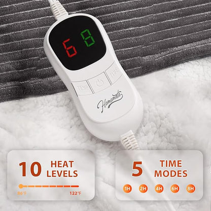 Homemate Electric Heated Blanket Full Size - 72"x84" Heating Blanket Full Size 1/2/4/6/8 Hours Auto-Off 10 Heat Level Over-Heat Protection Soft Flannel Sherpa ETL Certification