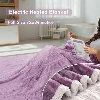 Heated Blanket Electric Blanket Full Size 72''x84'' with 9 Heating Levels, 1-10 Hour Auto Shut Off, Machine Washable, Flannel & Sherpa Soft Warming Blanket for Couch, Bed, Office - Purple