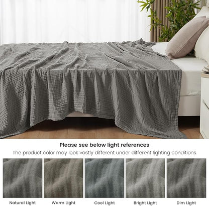 PHF Cooling Muslin Queen Blanket for Hot Sleepers, 60% Rayon Derived from Bamboo, 40% Cotton for Summer, 4-Layer Breathable Gauze Blanket for Bed Couch, 90"x90", Grey